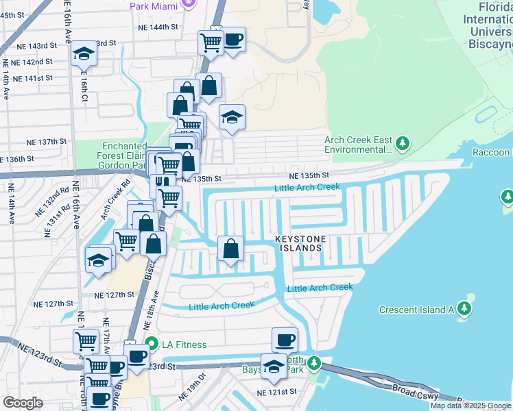 map of restaurants, bars, coffee shops, grocery stores, and more near 2105 Arch Creek Drive in North Miami