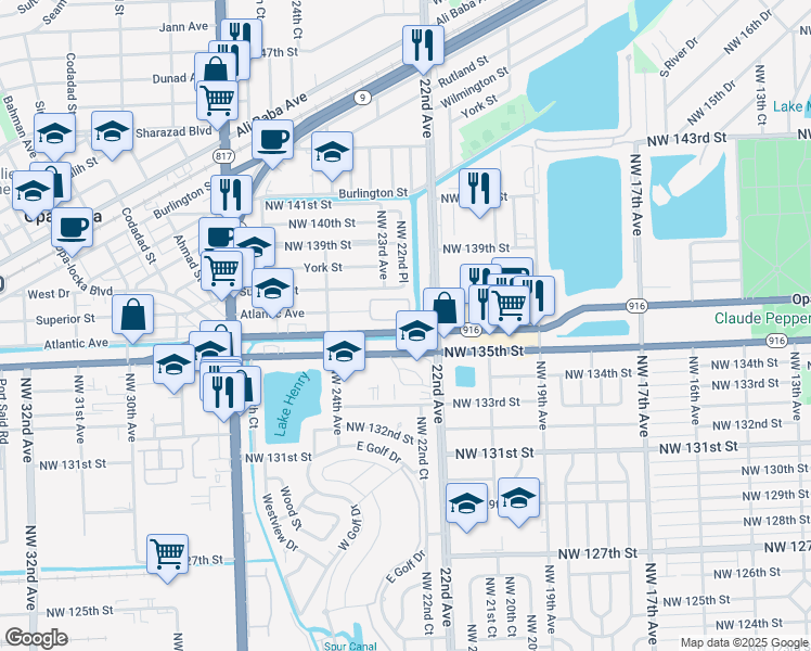 map of restaurants, bars, coffee shops, grocery stores, and more near 2211 Northwest 135th Terrace in Opa-locka
