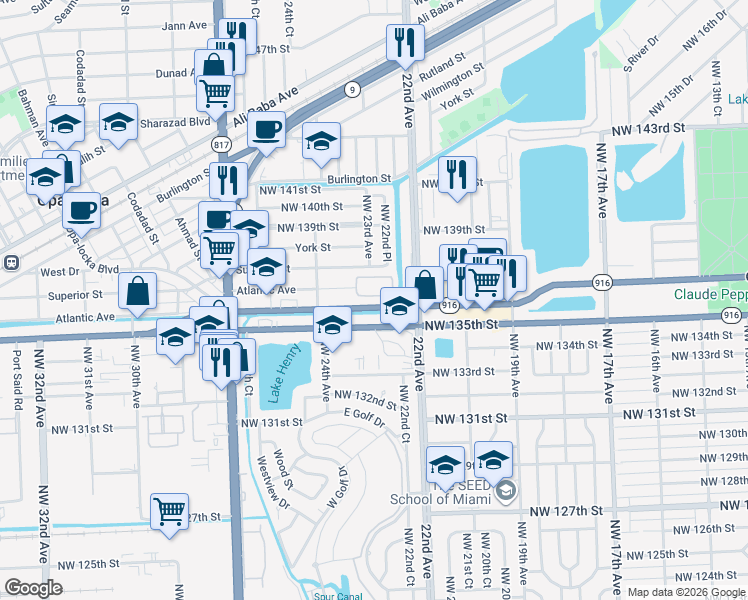 map of restaurants, bars, coffee shops, grocery stores, and more near 2298 Northwest 136th Terrace in Opa-locka
