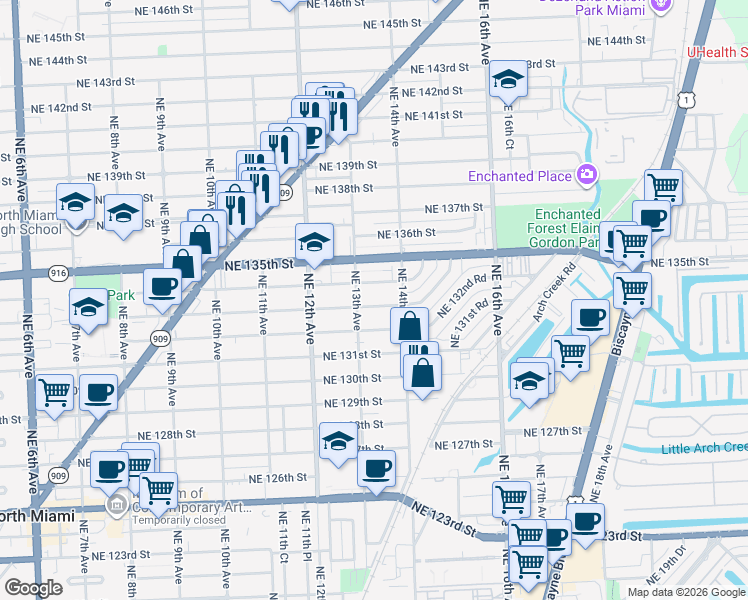 map of restaurants, bars, coffee shops, grocery stores, and more near 1330 Northeast 134th Street in North Miami