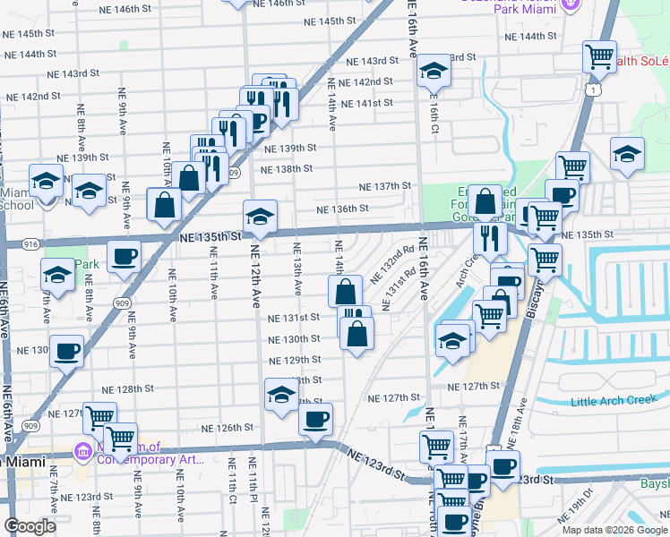 map of restaurants, bars, coffee shops, grocery stores, and more near 13381 Northeast 14th Avenue in North Miami