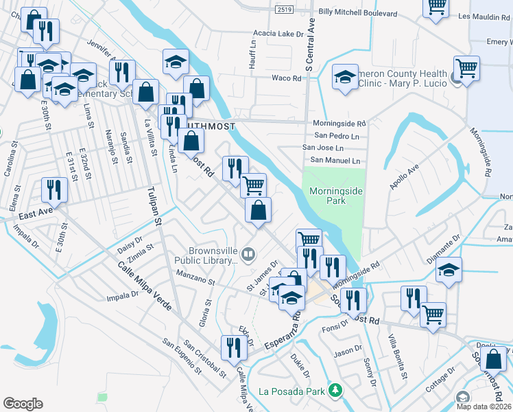 map of restaurants, bars, coffee shops, grocery stores, and more near 57 Calle Chiquita in Brownsville