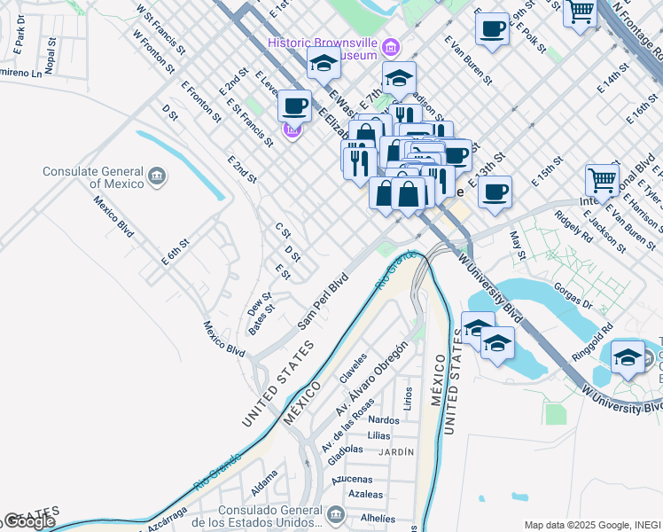 map of restaurants, bars, coffee shops, grocery stores, and more near 55B Sam Perl Boulevard in Brownsville