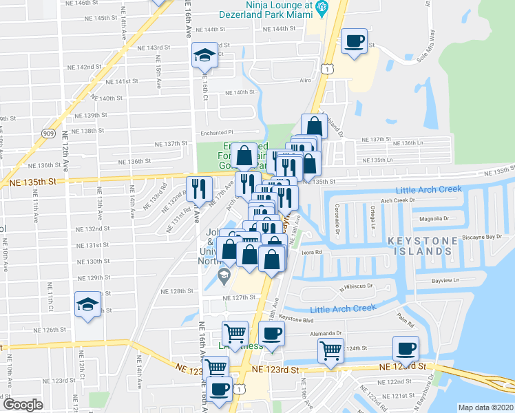 map of restaurants, bars, coffee shops, grocery stores, and more near 1771 Venice Lane in North Miami