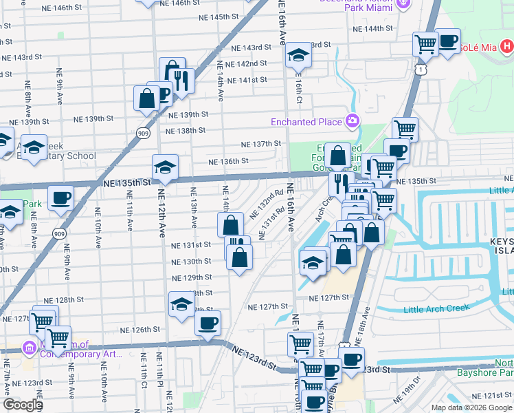 map of restaurants, bars, coffee shops, grocery stores, and more near 1464 Northeast 133rd Road in North Miami