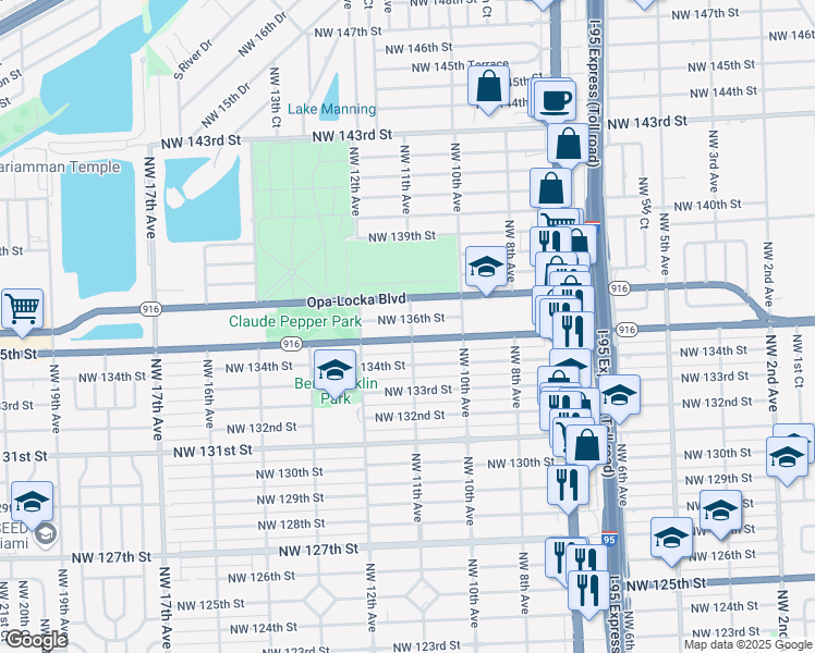 map of restaurants, bars, coffee shops, grocery stores, and more near 1079 Northwest 136th Street in Miami