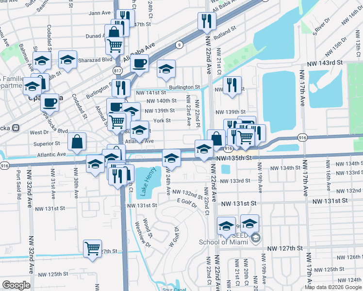 map of restaurants, bars, coffee shops, grocery stores, and more near 2298 Northwest 136th Terrace in Opa-locka