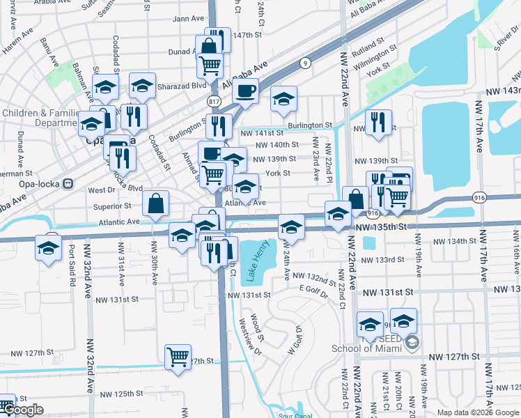 map of restaurants, bars, coffee shops, grocery stores, and more near 2521 Atlantic Avenue in Opa-locka