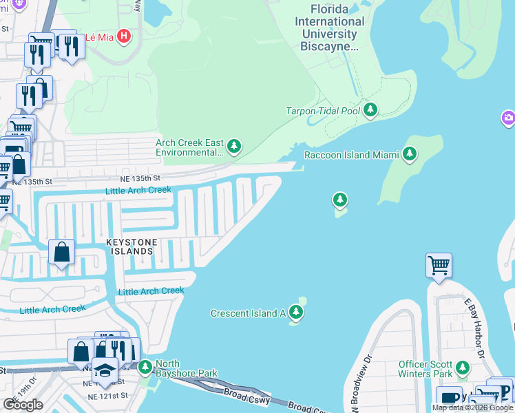 map of restaurants, bars, coffee shops, grocery stores, and more near 13200 Biscayne Bay Drive in North Miami