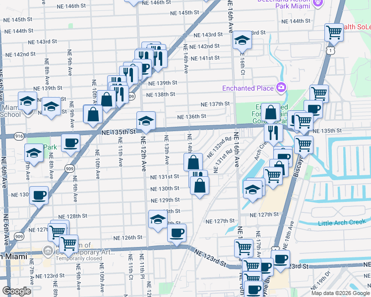 map of restaurants, bars, coffee shops, grocery stores, and more near 13381 Northeast 14th Avenue in North Miami