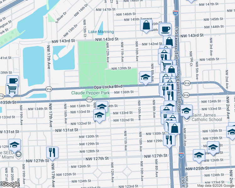 map of restaurants, bars, coffee shops, grocery stores, and more near 1151 Northwest 136th Street in Miami