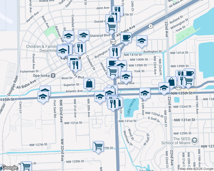 map of restaurants, bars, coffee shops, grocery stores, and more near 1120 Opa-locka Boulevard in Opa-locka