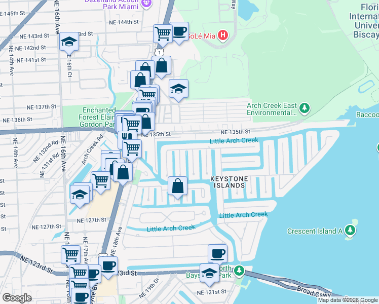 map of restaurants, bars, coffee shops, grocery stores, and more near 2105 Arch Creek Drive in North Miami