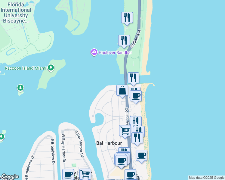 map of restaurants, bars, coffee shops, grocery stores, and more near 268 Bal Bay Drive in Bal Harbour