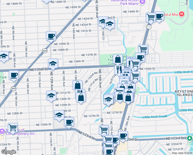 map of restaurants, bars, coffee shops, grocery stores, and more near 1560 Northeast 132nd Road in North Miami