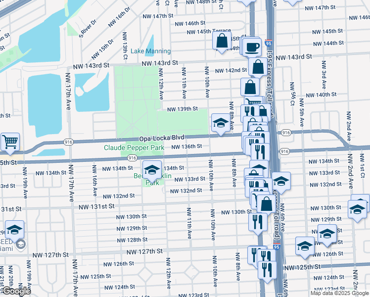 map of restaurants, bars, coffee shops, grocery stores, and more near 1079 Northwest 136th Street in Miami