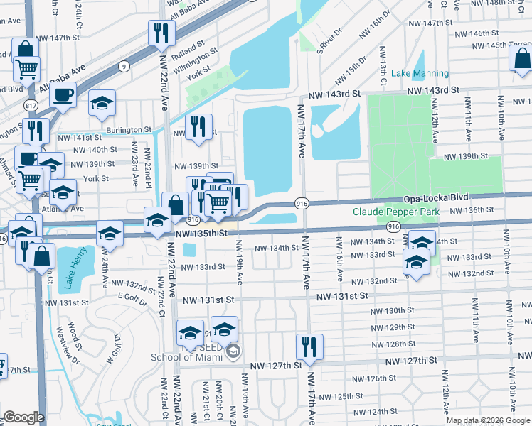 map of restaurants, bars, coffee shops, grocery stores, and more near 1837 Opa-Locka Boulevard in Opa-locka