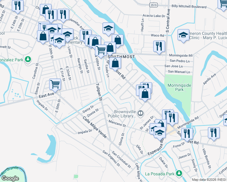 map of restaurants, bars, coffee shops, grocery stores, and more near 444 Willow Lane in Brownsville