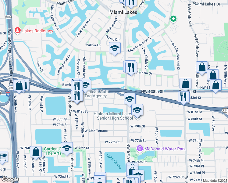 map of restaurants, bars, coffee shops, grocery stores, and more near Northwest 138th Street in Miami Gardens
