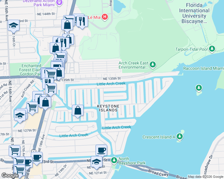 map of restaurants, bars, coffee shops, grocery stores, and more near 2305 Arch Creek Drive in North Miami