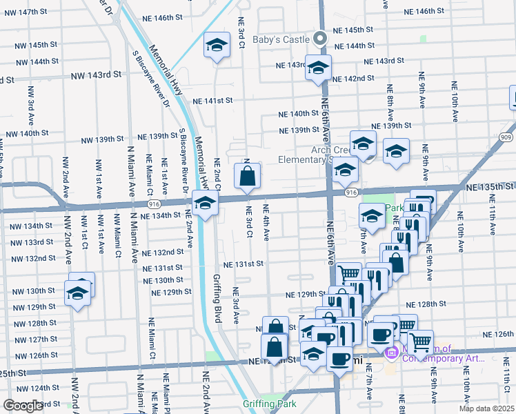 map of restaurants, bars, coffee shops, grocery stores, and more near 390 Florida 916 in North Miami