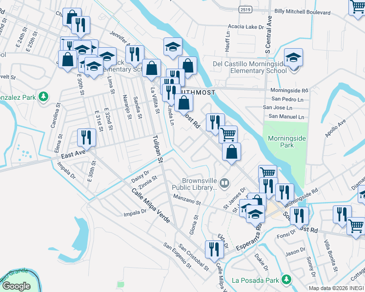 map of restaurants, bars, coffee shops, grocery stores, and more near 444 Willow Lane in Brownsville