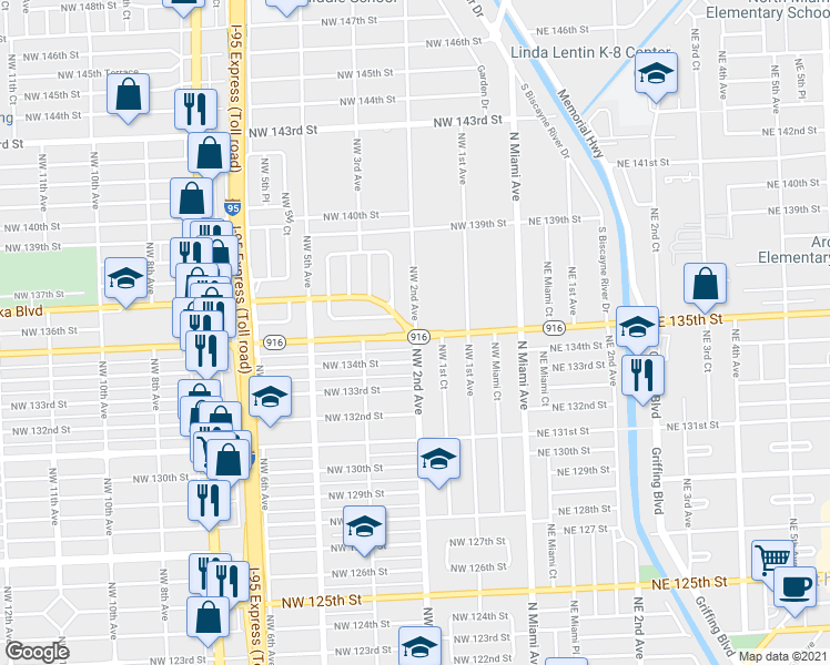 map of restaurants, bars, coffee shops, grocery stores, and more near 13802 Northwest 2nd Avenue in Miami