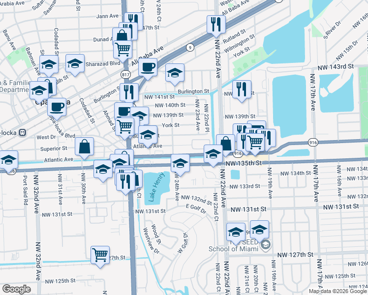 map of restaurants, bars, coffee shops, grocery stores, and more near 2329 Northwest 136th Street in Opa-locka