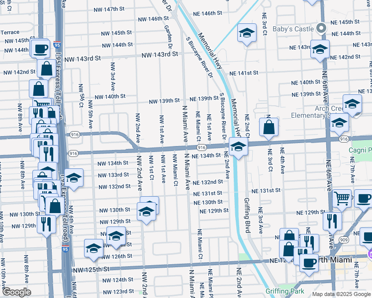 map of restaurants, bars, coffee shops, grocery stores, and more near 13478 North Miami Avenue in Miami