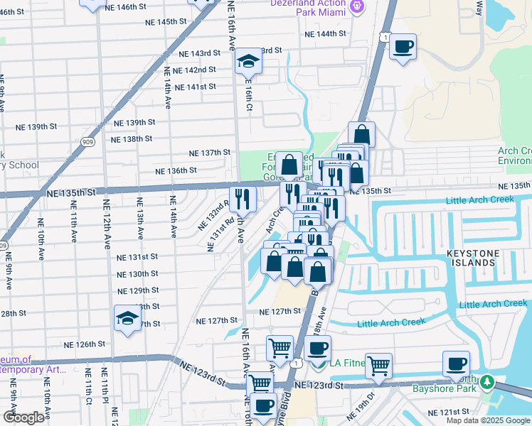 map of restaurants, bars, coffee shops, grocery stores, and more near 13348 Arch Creek Road in North Miami