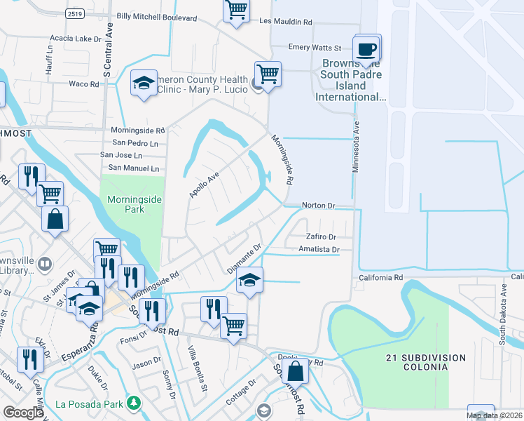 map of restaurants, bars, coffee shops, grocery stores, and more near 1734 Morningside Road in Brownsville