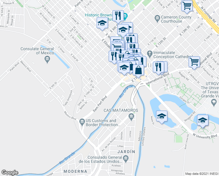 map of restaurants, bars, coffee shops, grocery stores, and more near 55B Sam Perl Boulevard in Brownsville