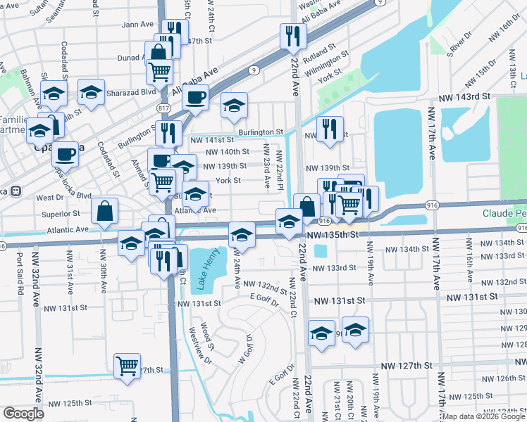 map of restaurants, bars, coffee shops, grocery stores, and more near 2298 Northwest 136th Terrace in Opa-locka