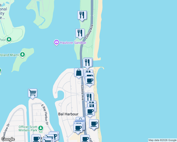 map of restaurants, bars, coffee shops, grocery stores, and more near 10295 Collins Avenue in Bal Harbour