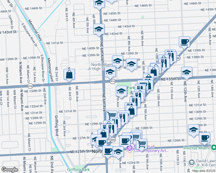 map of restaurants, bars, coffee shops, grocery stores, and more near 650 Northeast 135th Street in North Miami