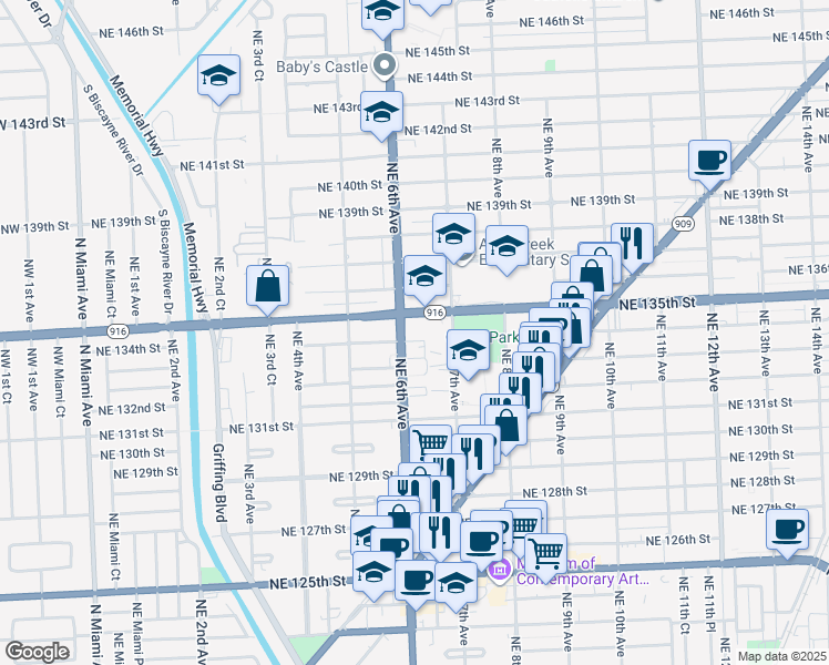 map of restaurants, bars, coffee shops, grocery stores, and more near in North Miami