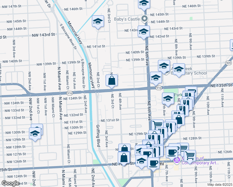 map of restaurants, bars, coffee shops, grocery stores, and more near 390 Florida 916 in North Miami