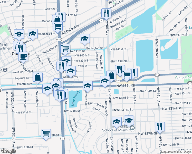 map of restaurants, bars, coffee shops, grocery stores, and more near 2298 Northwest 136th Terrace in Opa-locka