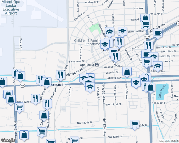 map of restaurants, bars, coffee shops, grocery stores, and more near 621 Burlington Street in Opa-locka