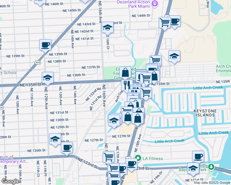 map of restaurants, bars, coffee shops, grocery stores, and more near 13318-13348 Arch Creek Road in North Miami