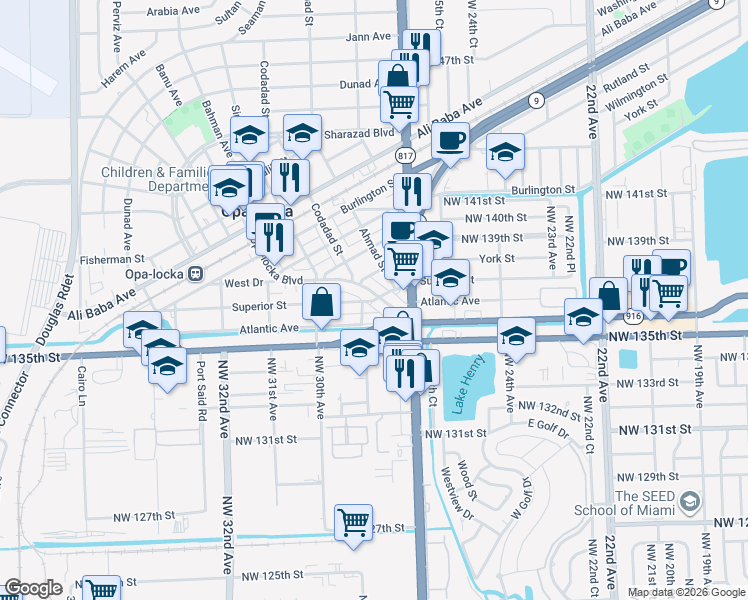 map of restaurants, bars, coffee shops, grocery stores, and more near 1120 Opa-locka Boulevard in Opa-locka