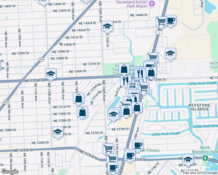 map of restaurants, bars, coffee shops, grocery stores, and more near 13340 Northeast 17th Avenue in North Miami