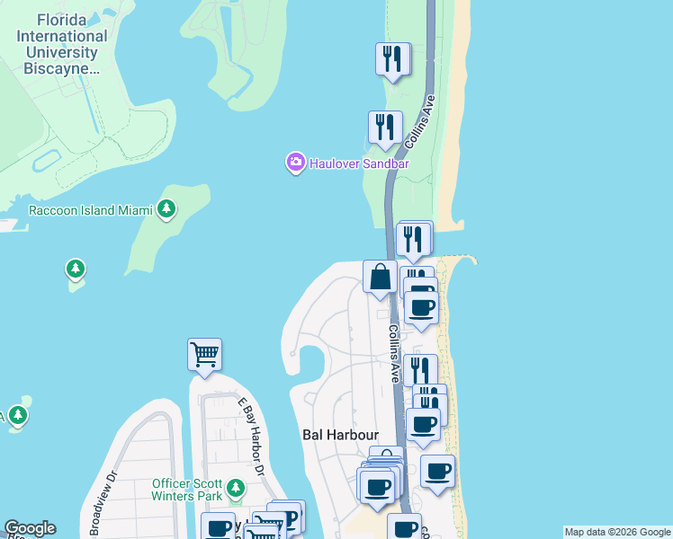 map of restaurants, bars, coffee shops, grocery stores, and more near 268 Bal Bay Drive in Bal Harbour