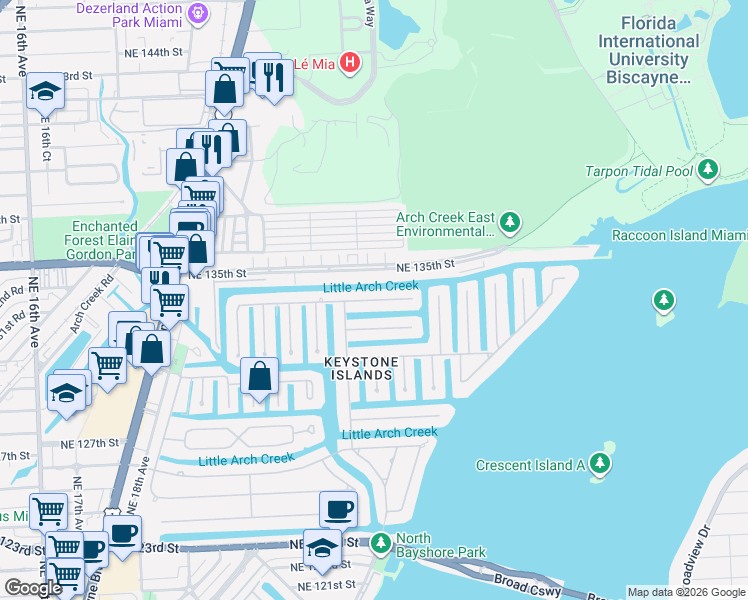 map of restaurants, bars, coffee shops, grocery stores, and more near 2305 Arch Creek Drive in North Miami