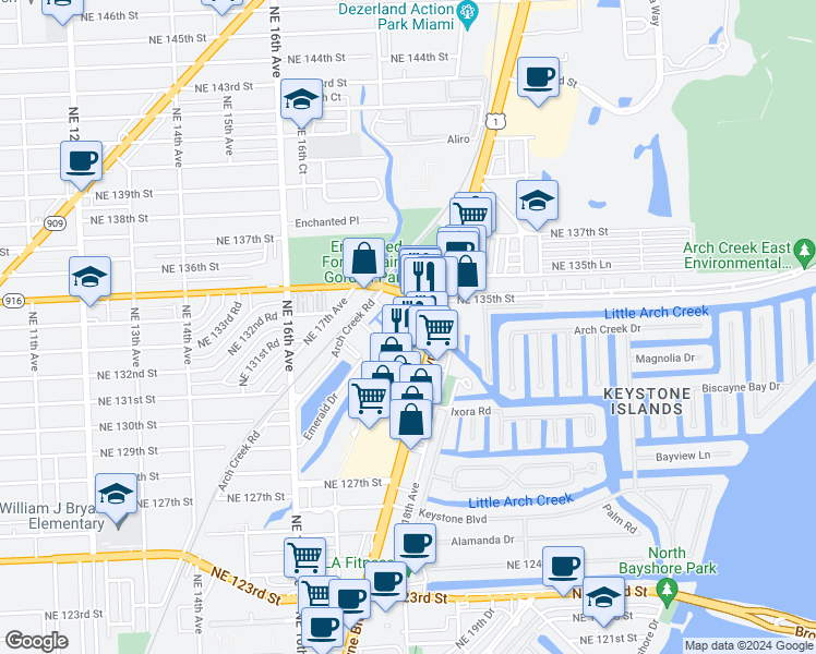 map of restaurants, bars, coffee shops, grocery stores, and more near 13404 Biscayne Boulevard in North Miami