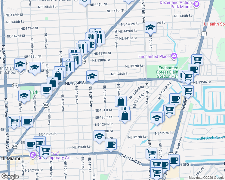 map of restaurants, bars, coffee shops, grocery stores, and more near 1330 Northeast 134th Street in North Miami