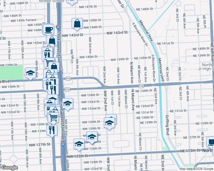 map of restaurants, bars, coffee shops, grocery stores, and more near 13540 Northwest 2nd Avenue in North Miami