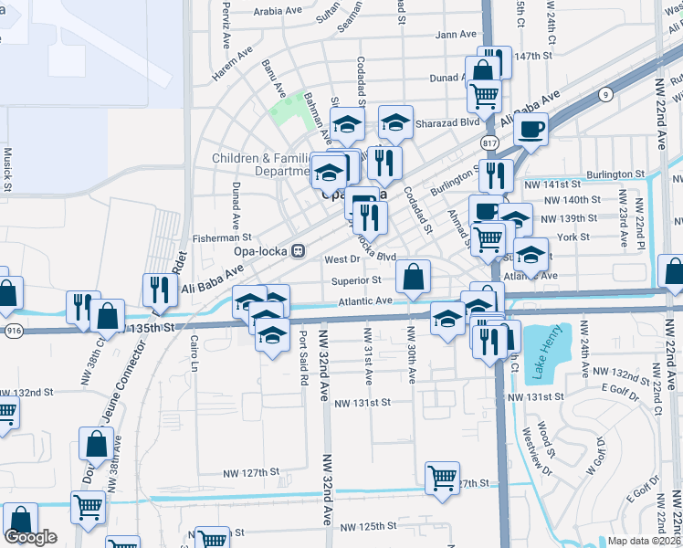 map of restaurants, bars, coffee shops, grocery stores, and more near 801 Superior Street in Opa-locka