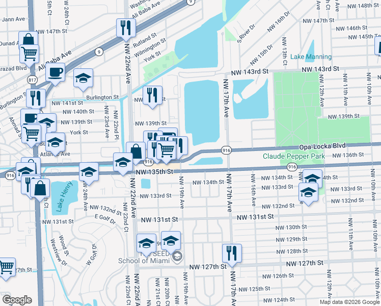 map of restaurants, bars, coffee shops, grocery stores, and more near 1837 Opa-Locka Boulevard in Opa-locka