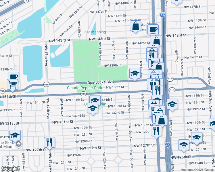 map of restaurants, bars, coffee shops, grocery stores, and more near 1151 Northwest 136th Street in Miami